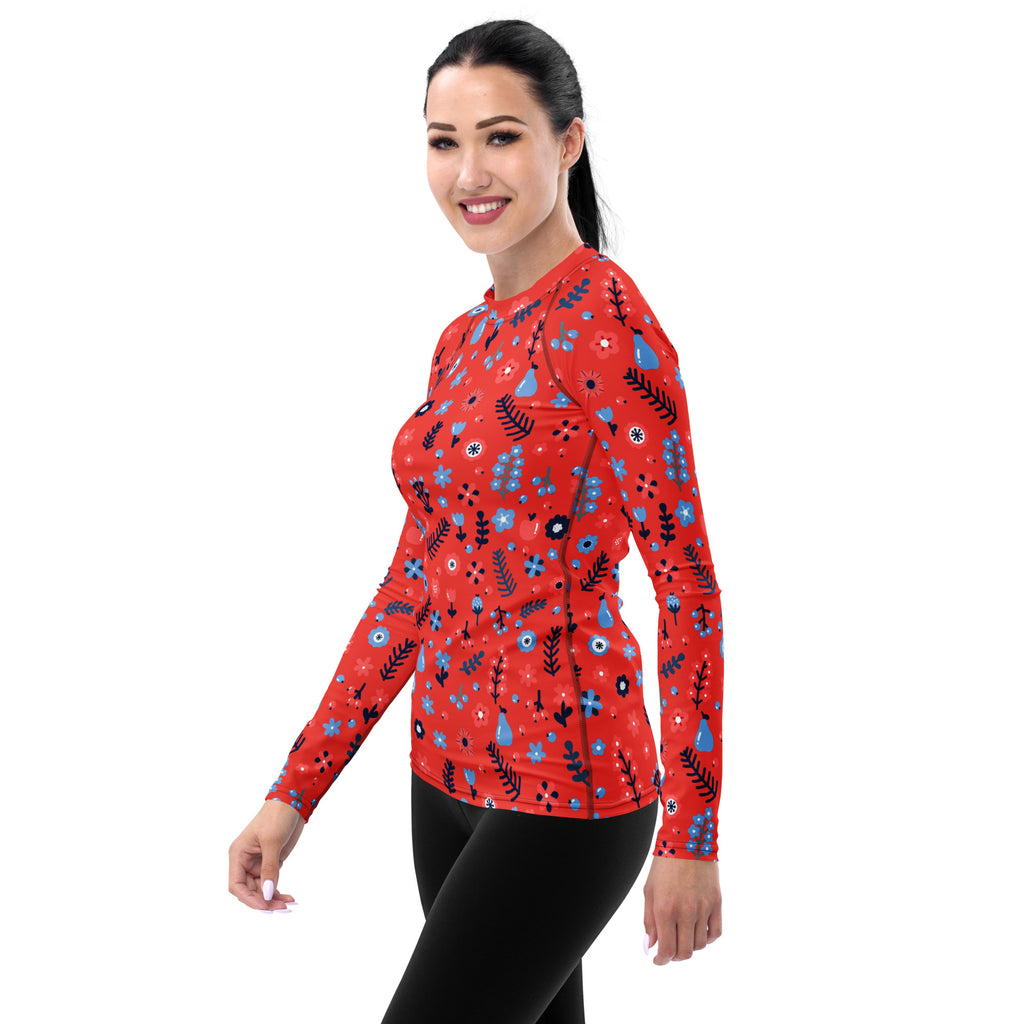 Women's Coral Red Floral Long Sleeve Rash Guard Swim Shirt – Buttery Soft, Sun Safe UPF 50+ Protection, Quick Dry & 4-Way Stretch Comfort