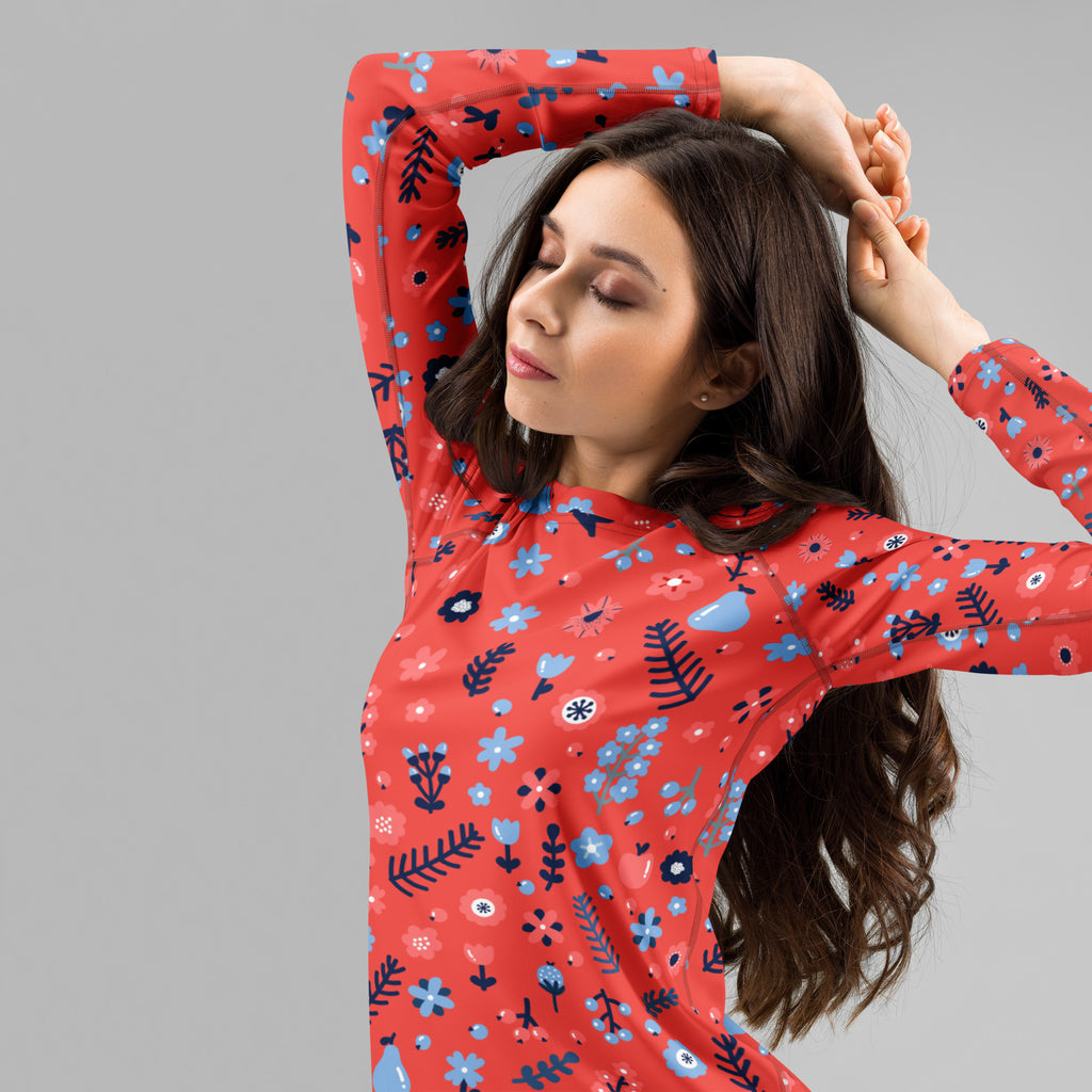 Women's Coral Red Floral Long Sleeve Rash Guard Swim Shirt – Buttery Soft, Sun Safe UPF 50+ Protection, Quick Dry & 4-Way Stretch Comfort