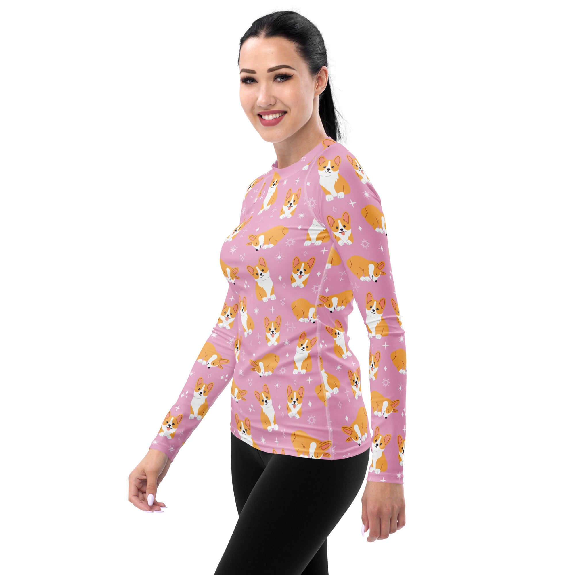 Women's Pink Corgi Dog Long Sleeve Rash Guard Swim Shirt – Buttery Soft, Sun Safe UPF 50+ Protection, Quick Dry & 4-Way Stretch Comfort