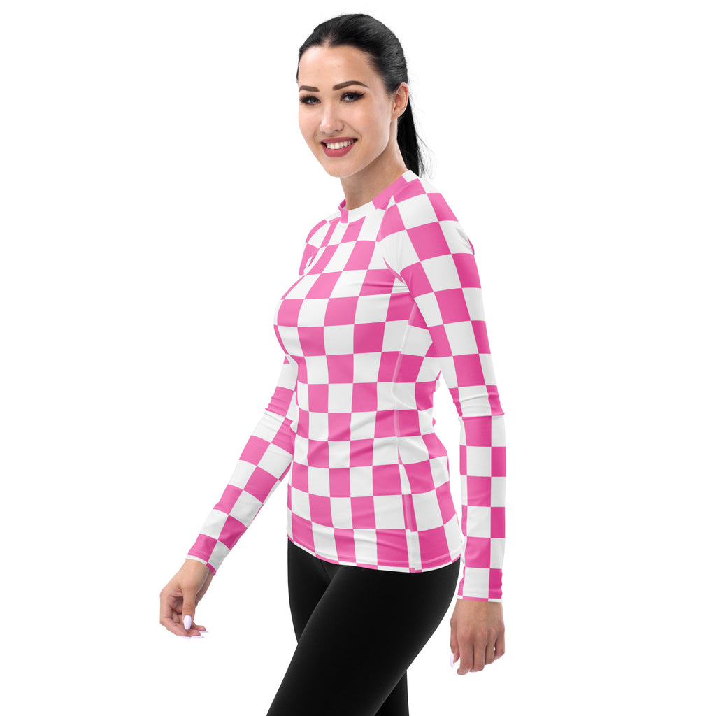 Women's Pink Checkerboard Long Sleeve Rash Guard Swim Shirt – Buttery Soft, Sun Safe UPF 50+ Protection, Quick Dry & 4-Way Stretch Comfort