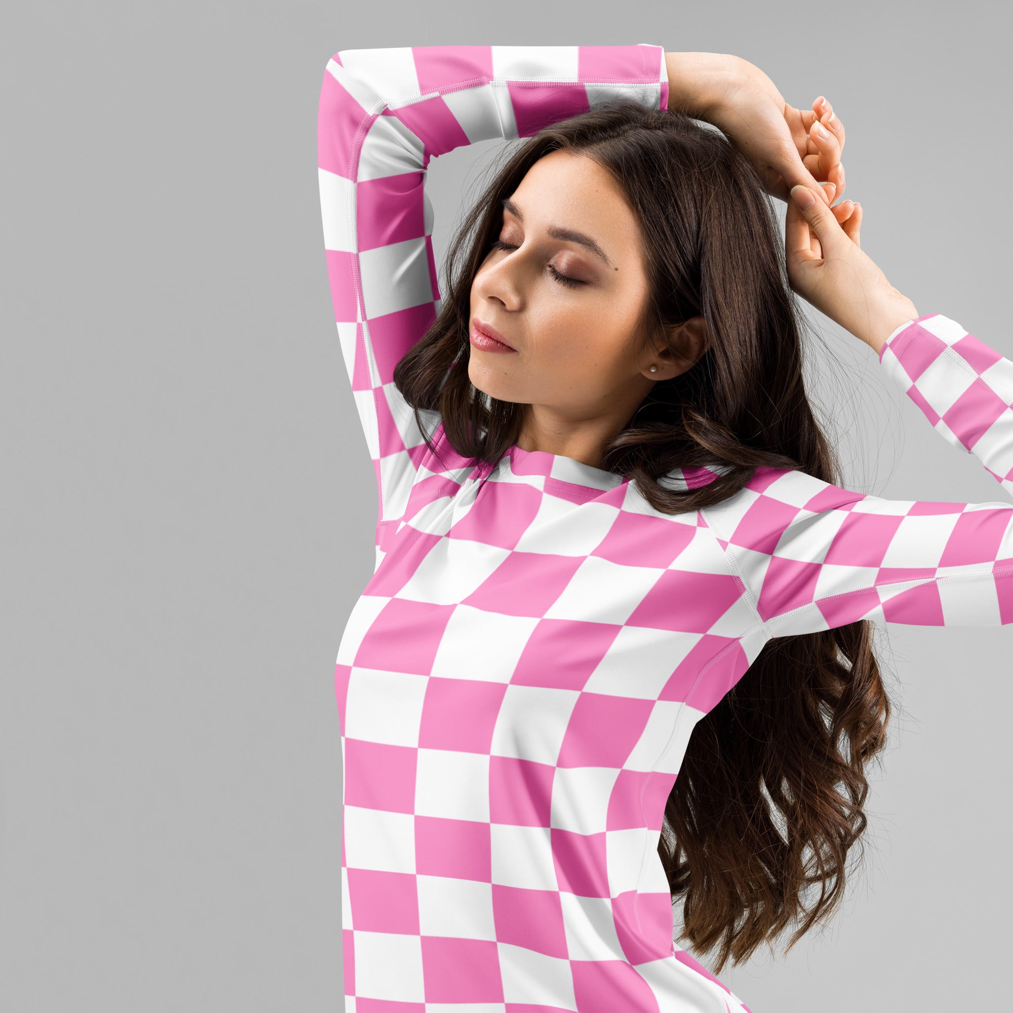 Women's Pink Checkerboard Long Sleeve Rash Guard Swim Shirt – Buttery Soft, Sun Safe UPF 50+ Protection, Quick Dry & 4-Way Stretch Comfort