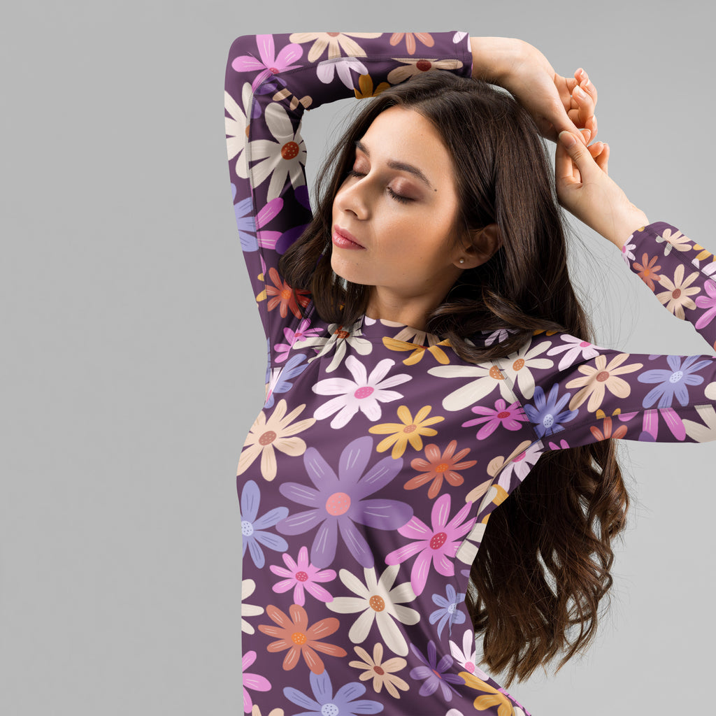 Women's Purple Floral Long Sleeve Rash Guard Swim Shirt – Buttery Soft, Sun Safe UPF 50+ Protection, Quick Dry & 4-Way Stretch Comfort