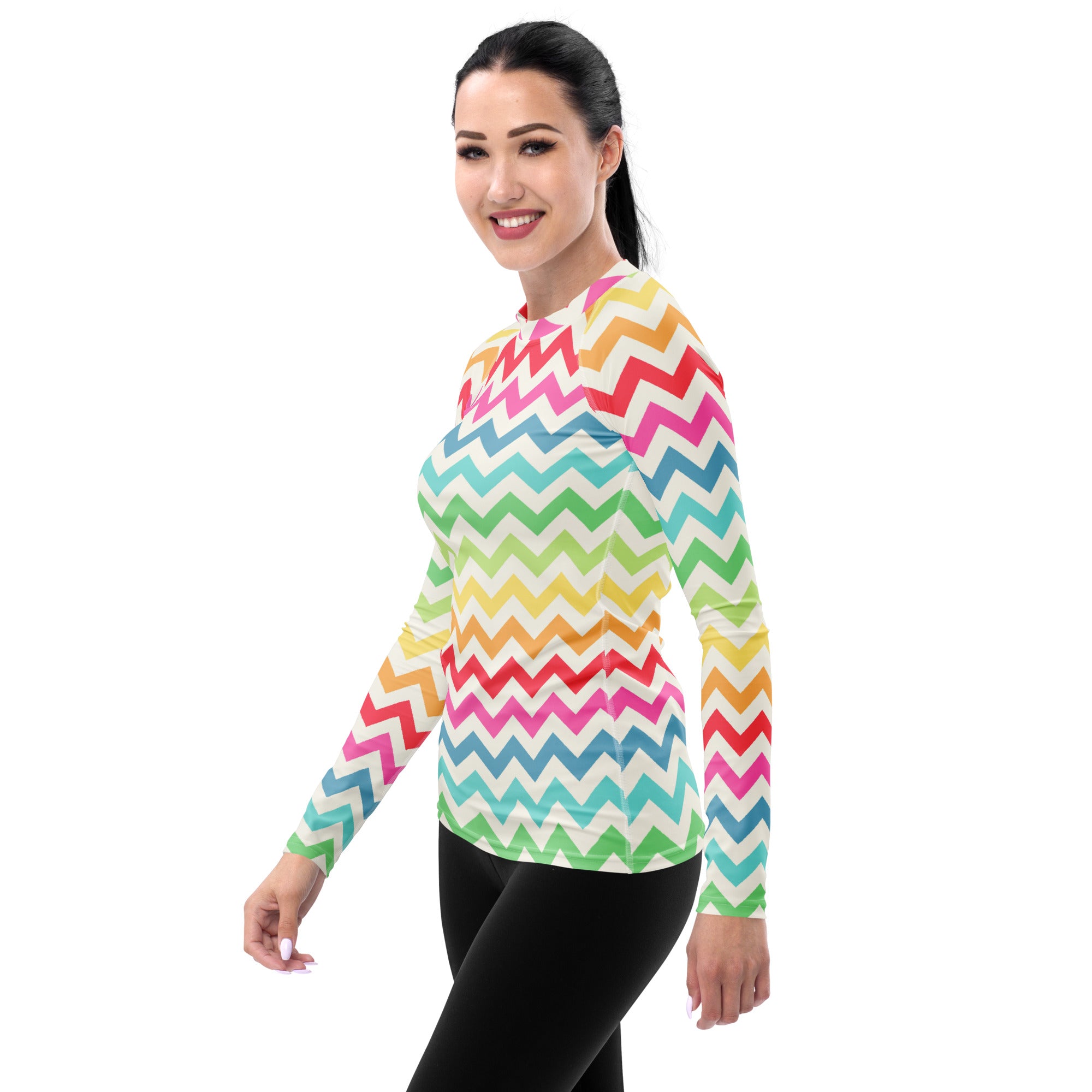 Women's Coastal Rainbow Chevron Long Sleeve Rash Guard Swim Shirt – Buttery Soft, Sun Safe UPF 50+ Protection, Quick Dry & 4-Way Stretch Comfort