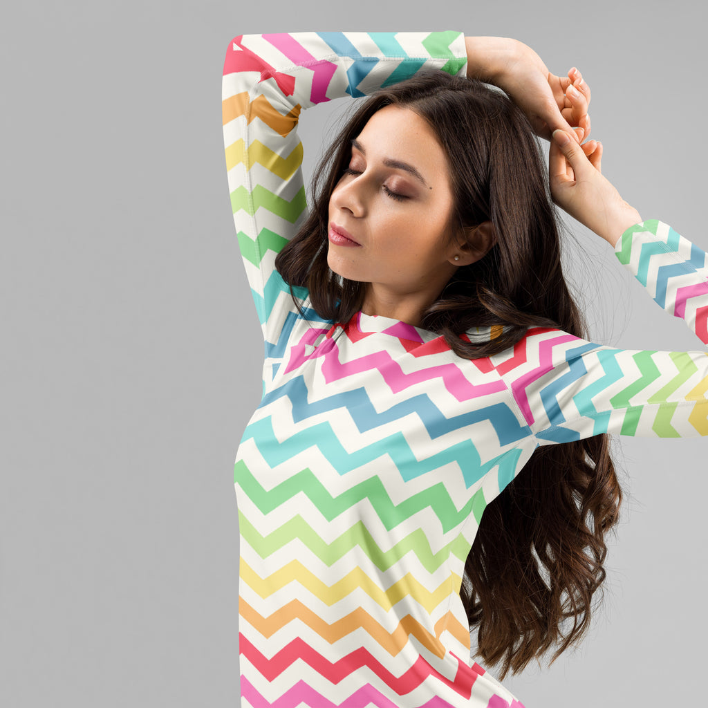 Women's Coastal Rainbow Chevron Long Sleeve Rash Guard Swim Shirt – Buttery Soft, Sun Safe UPF 50+ Protection, Quick Dry & 4-Way Stretch Comfort
