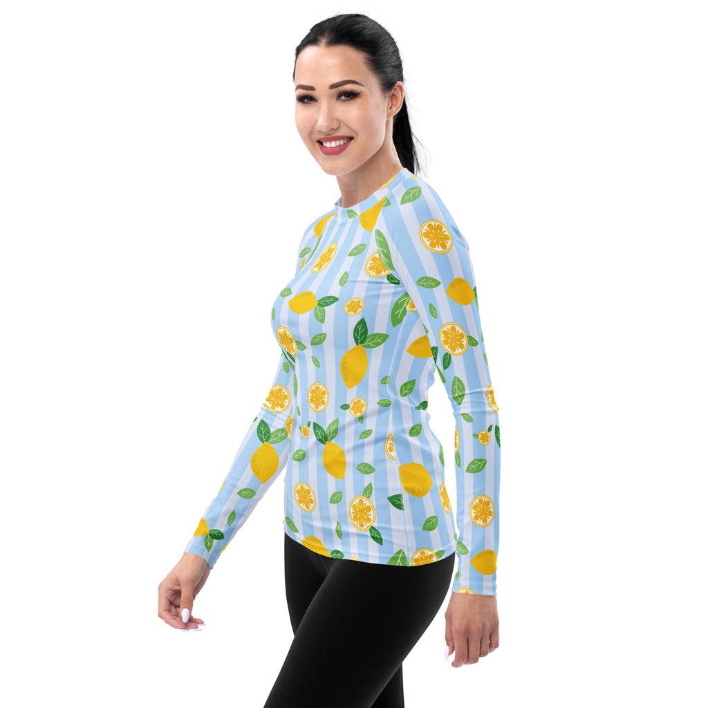 Women's Lemon Stripe Long Sleeve Rash Guard Swim Shirt – Buttery Soft, Sun Safe UPF 50+ Protection, Quick Dry & 4-Way Stretch Comfort