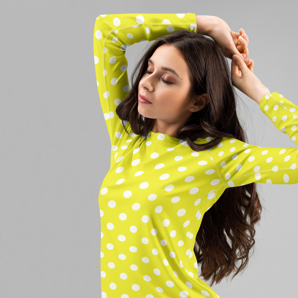 Women's Yellow Polka Dot Long Sleeve Rash Guard Swim Shirt – Buttery Soft, Sun Safe UPF 50+ Protection, Quick Dry & 4-Way Stretch Comfort