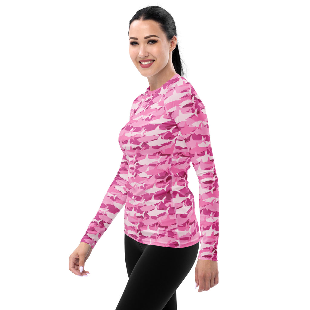 Women's Pink Shark Camouflage Long Sleeve Rash Guard Swim Shirt – Buttery Soft, Sun Safe UPF 50+ Protection, Quick Dry & 4-Way Stretch Comfort