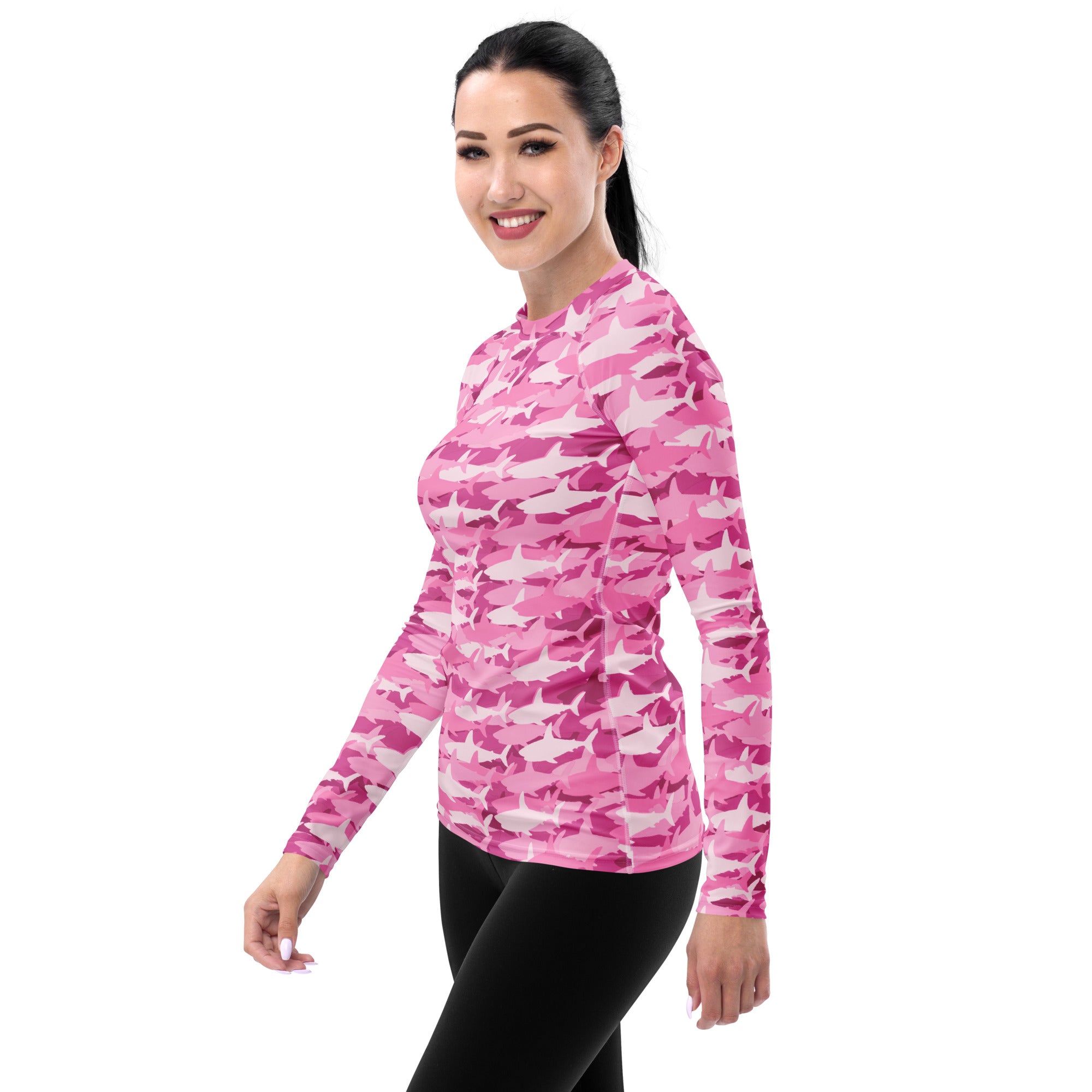 Women's Pink Shark Camouflage Long Sleeve Rash Guard Swim Shirt – Buttery Soft, Sun Safe UPF 50+ Protection, Quick Dry & 4-Way Stretch Comfort