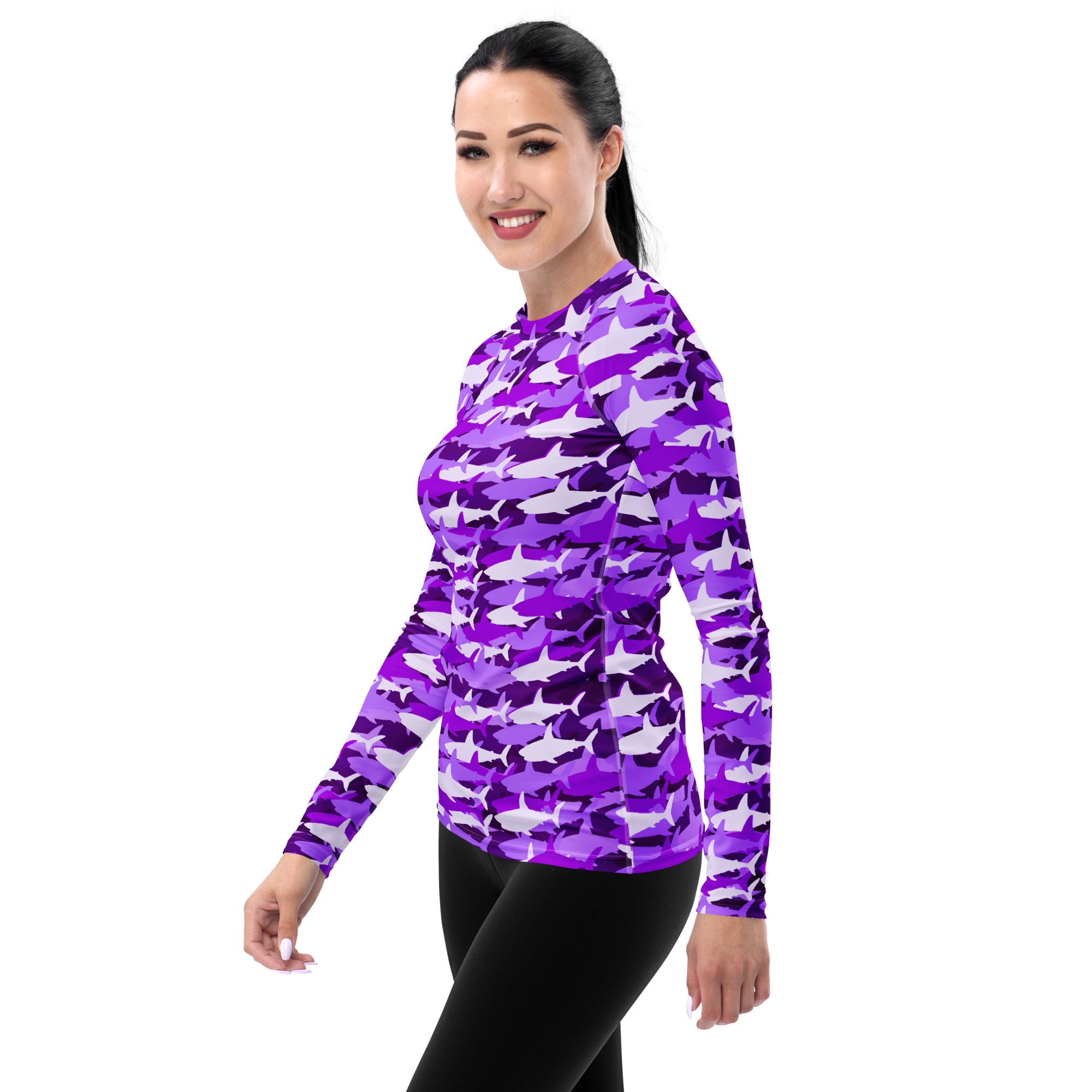 Women's Purple Shark Camouflage Long Sleeve Rash Guard Swim Shirt – Buttery Soft, Sun Safe UPF 50+ Protection, Quick Dry & 4-Way Stretch Comfort