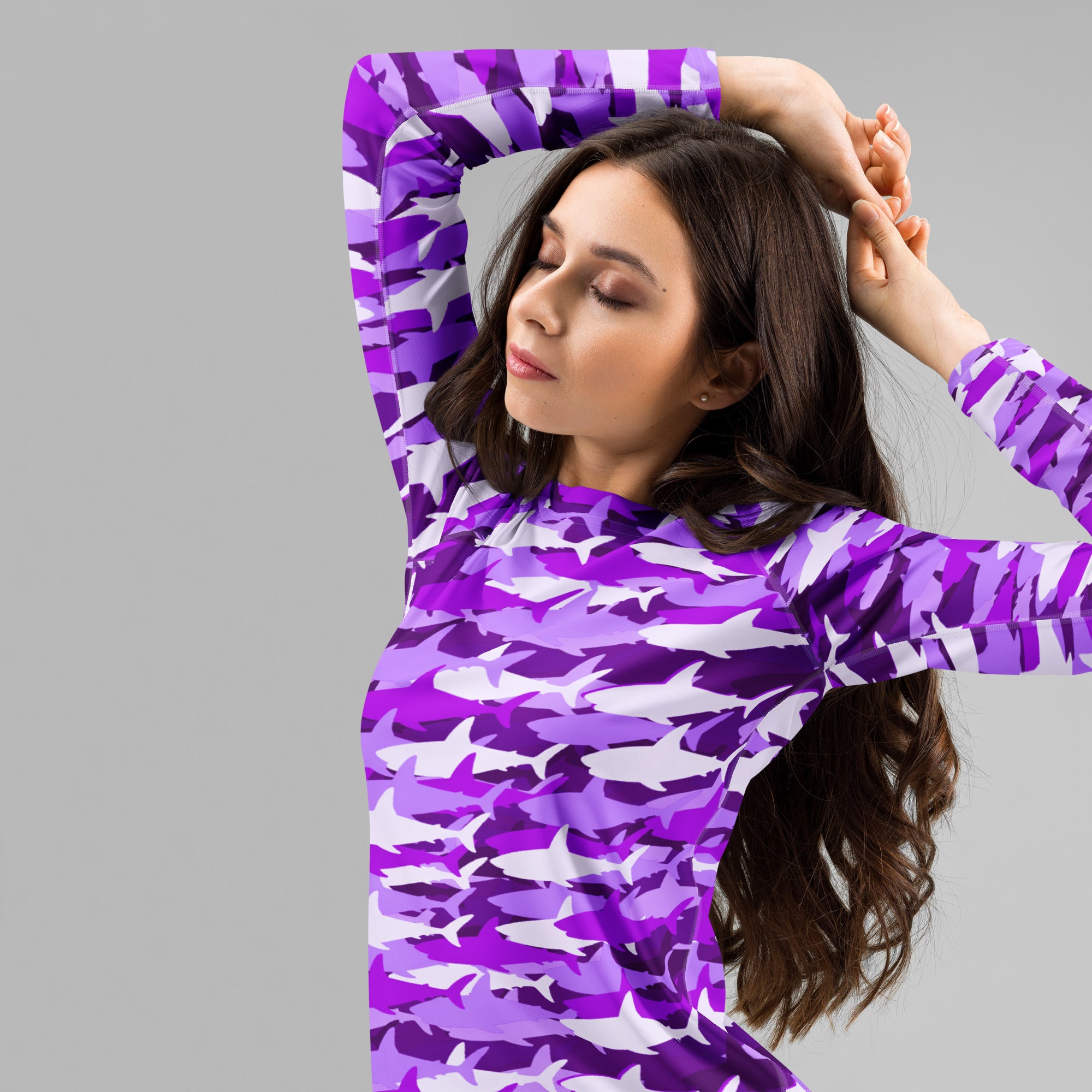Women's Purple Shark Camouflage Long Sleeve Rash Guard Swim Shirt – Buttery Soft, Sun Safe UPF 50+ Protection, Quick Dry & 4-Way Stretch Comfort
