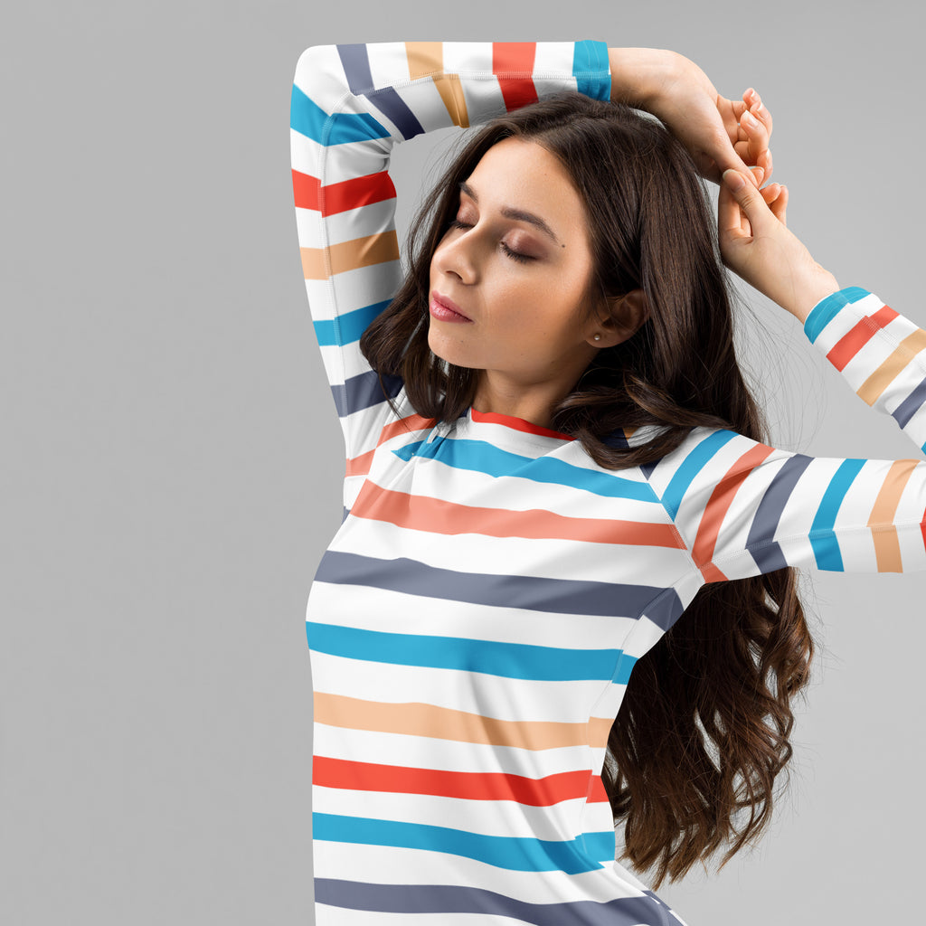 Women's Colorful Beach Striped Long Sleeve Rash Guard Swim Shirt – Buttery Soft, Sun Safe UPF 50+ Protection, Quick Dry & 4-Way Stretch Comfort