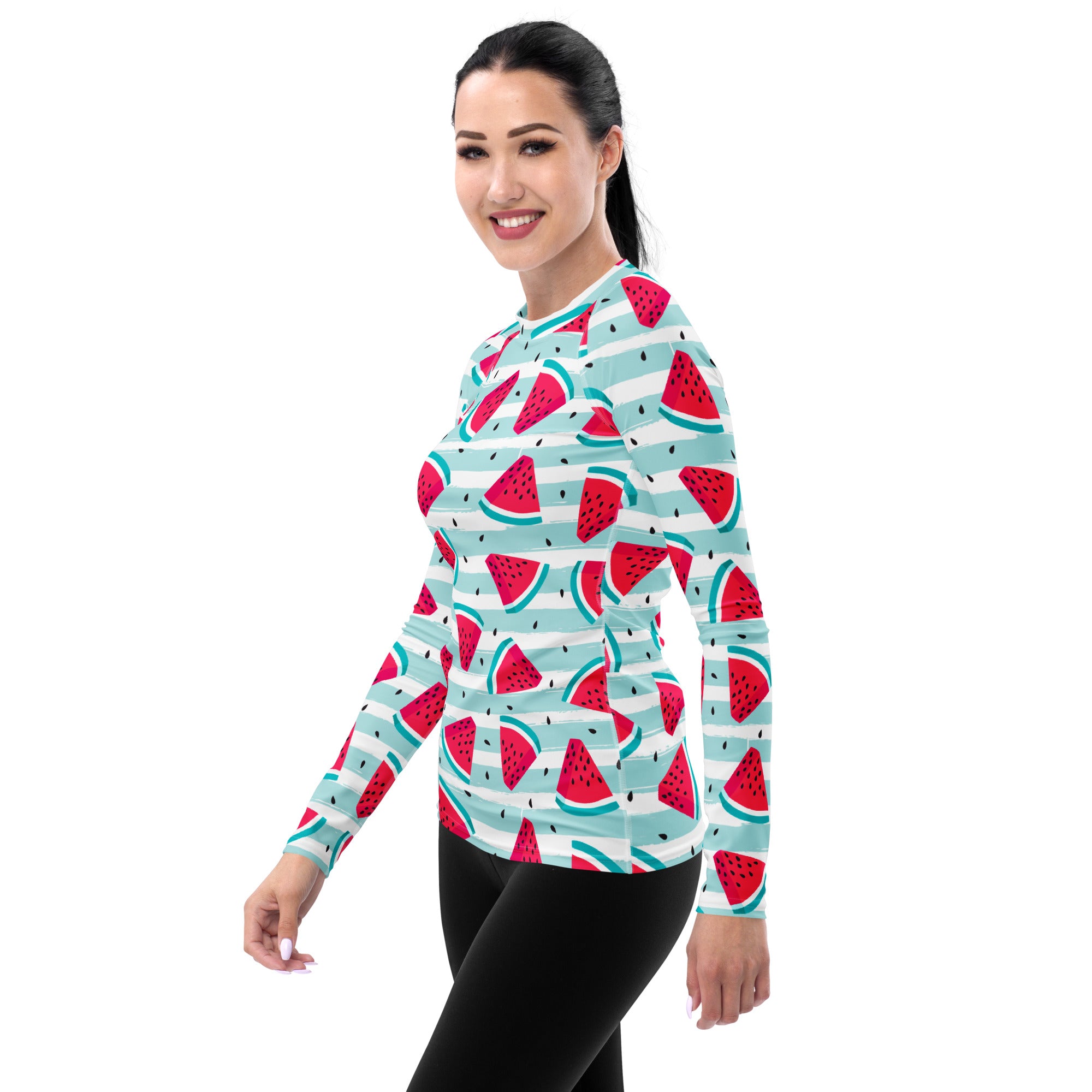 Women's Watermelon Stripe Long Sleeve Rash Guard Swim Shirt – Buttery Soft, Sun Safe UPF 50+ Protection, Quick Dry & 4-Way Stretch Comfort