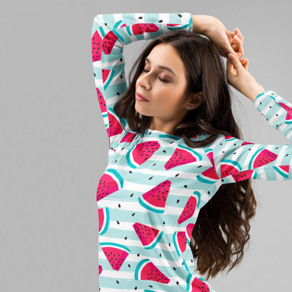 Women's Watermelon Stripe Long Sleeve Rash Guard Swim Shirt – Buttery Soft, Sun Safe UPF 50+ Protection, Quick Dry & 4-Way Stretch Comfort