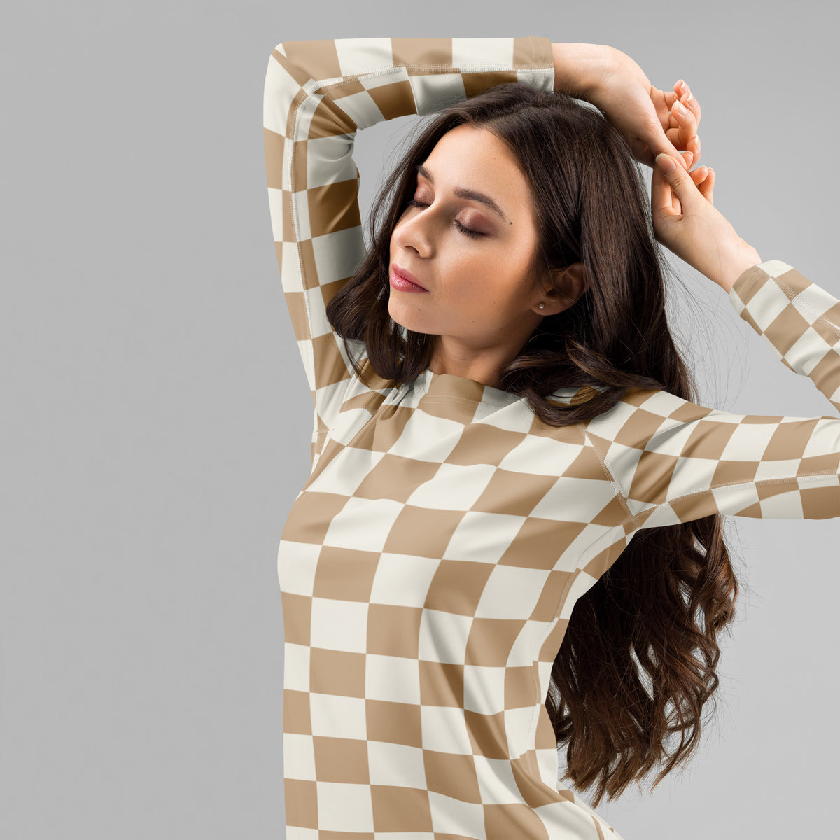 Women's Beige Checkered Long Sleeve Rash Guard Swim Shirt – Buttery Soft, Sun Safe UPF 50+ Protection, Quick Dry & 4-Way Stretch Comfort
