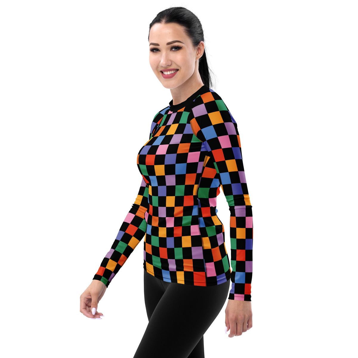 Women's Rainbow Checkered Long Sleeve Rash Guard Swim Shirt – Buttery Soft, Sun Safe UPF 50+ Protection, Quick Dry & 4-Way Stretch Comfort