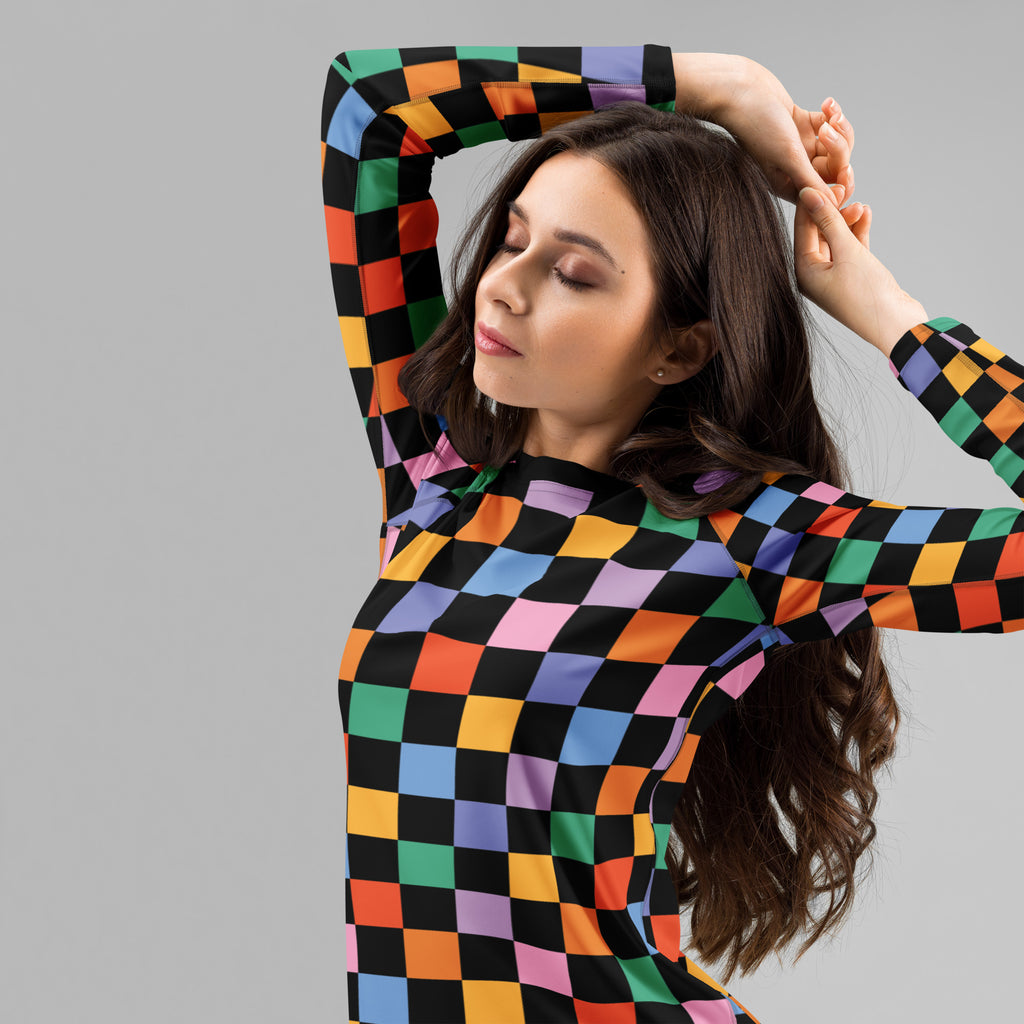 Women's Rainbow Checkered Long Sleeve Rash Guard Swim Shirt – Buttery Soft, Sun Safe UPF 50+ Protection, Quick Dry & 4-Way Stretch Comfort