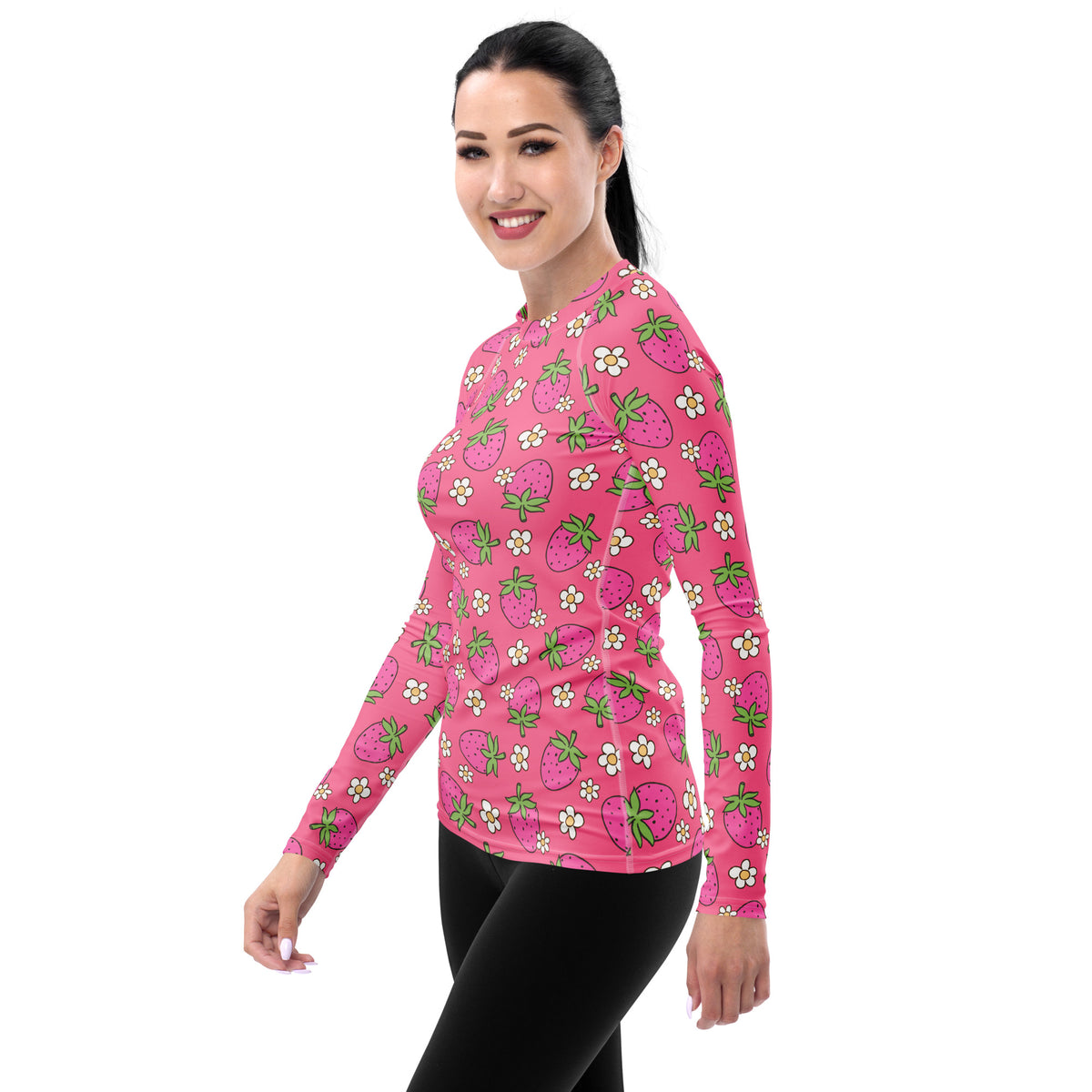 Women's Pink Strawberry Daisy Long Sleeve Rash Guard Swim Shirt – Buttery Soft, Sun Safe UPF 50+ Protection, Quick Dry & 4-Way Stretch Comfort