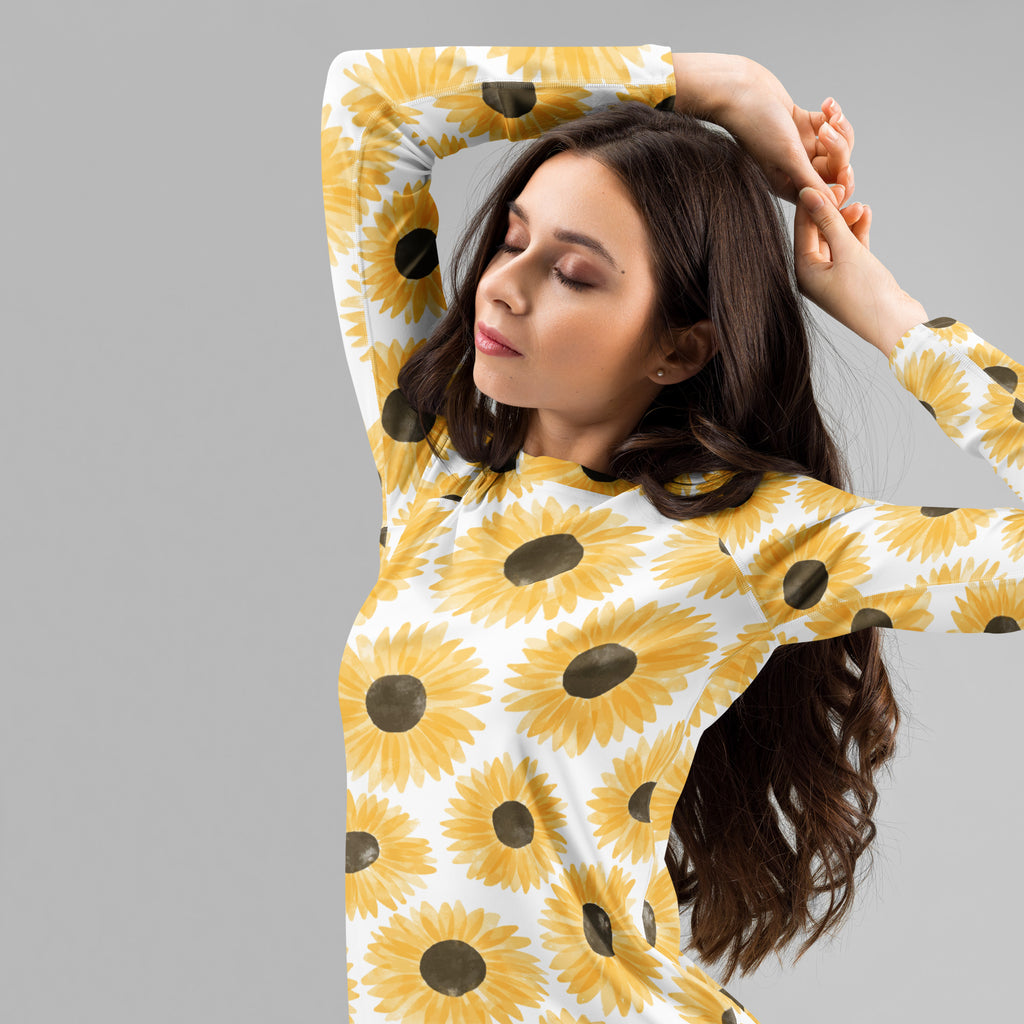Women's Yellow Watercolor Sunflower Long Sleeve Rash Guard Swim Shirt – Buttery Soft, Sun Safe UPF 50+ Protection, Quick Dry & 4-Way Stretch Comfort
