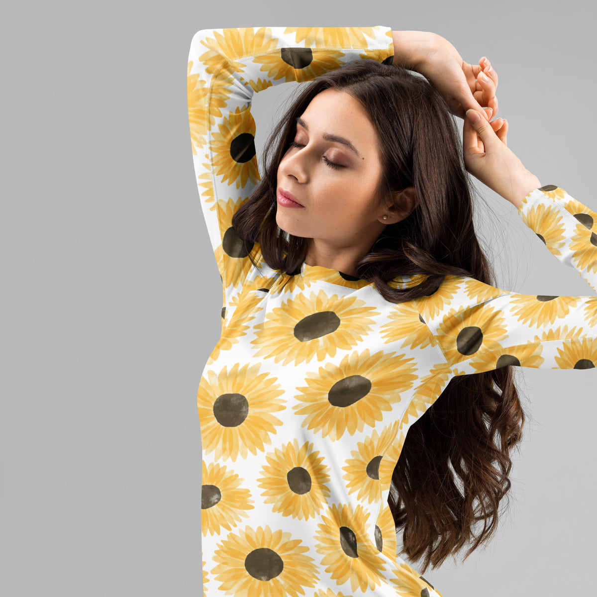 Women's Yellow Watercolor Sunflower Long Sleeve Rash Guard Swim Shirt – Buttery Soft, Sun Safe UPF 50+ Protection, Quick Dry & 4-Way Stretch Comfort