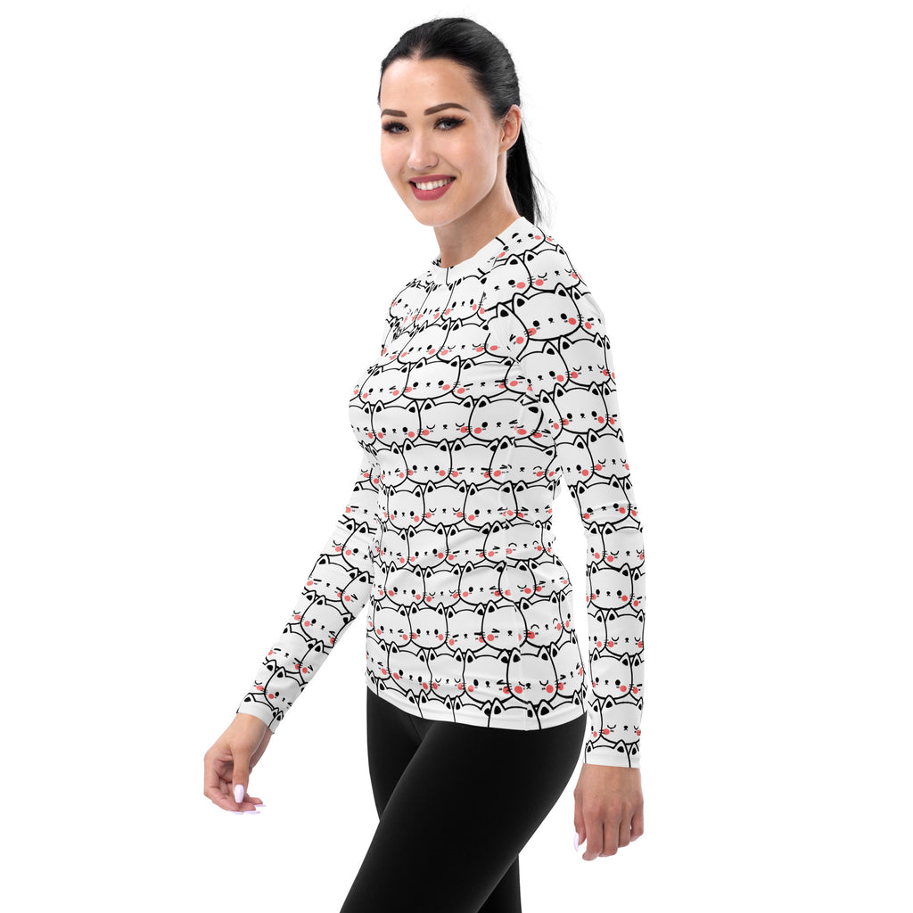 Women's Kawaii Cat Face Long Sleeve Rash Guard Swim Shirt – Buttery Soft, Sun Safe UPF 50+ Protection, Quick Dry & 4-Way Stretch Comfort