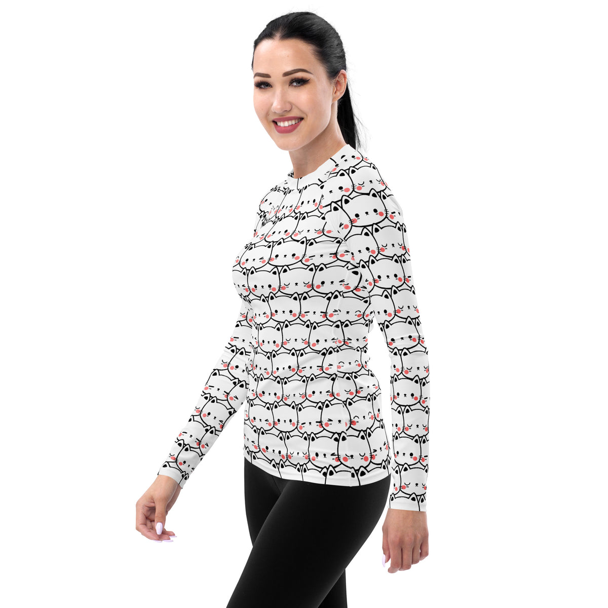 Women's Kawaii Cat Face Long Sleeve Rash Guard Swim Shirt – Buttery Soft, Sun Safe UPF 50+ Protection, Quick Dry & 4-Way Stretch Comfort