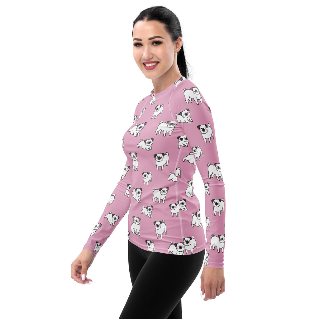 Women's Pink Pug Long Sleeve Rash Guard Swim Shirt – Buttery Soft, Sun Safe UPF 50+ Protection, Quick Dry & 4-Way Stretch Comfort