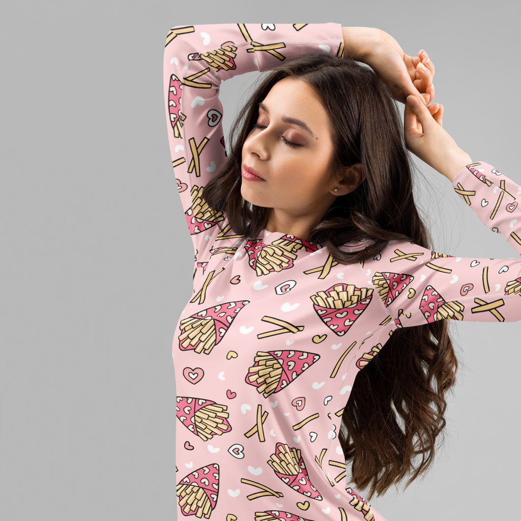 Women's Pink French Fries Long Sleeve Rash Guard Swim Shirt – Buttery Soft, Sun Safe UPF 50+ Protection, Quick Dry & 4-Way Stretch Comfort