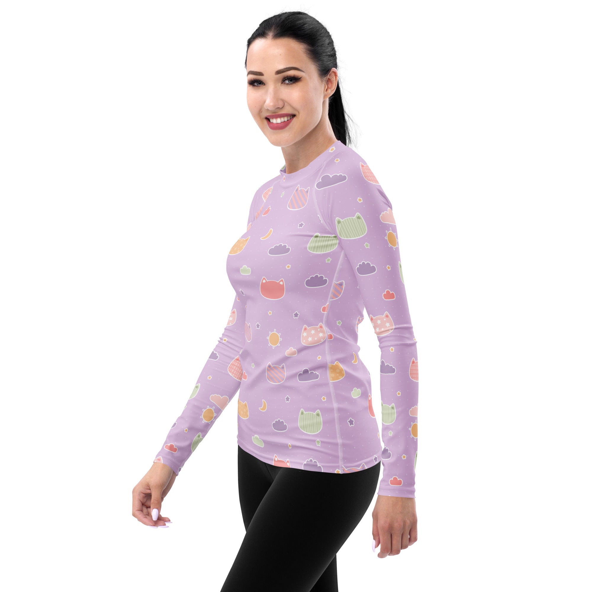 Women's Pastel Purple Kawaii Cat & Cloud Long Sleeve Rash Guard Swim Shirt – Buttery Soft, Sun Safe UPF 50+ Protection, Quick Dry & 4-Way Stretch Comfort
