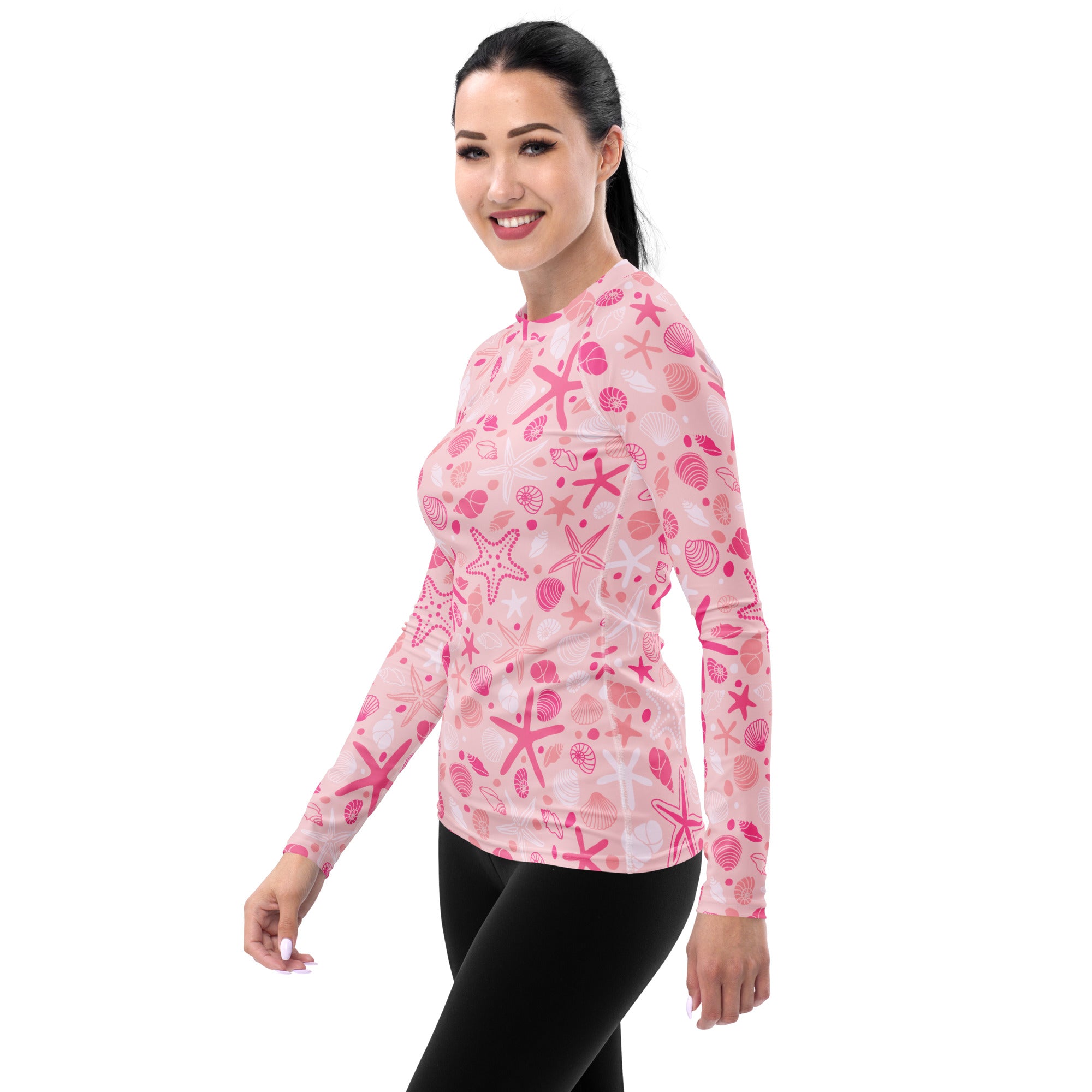 Women's Pink Starfish & Shells Long Sleeve Rash Guard Swim Shirt – Buttery Soft, Sun Safe UPF 50+ Protection, Quick Dry & 4-Way Stretch Comfort