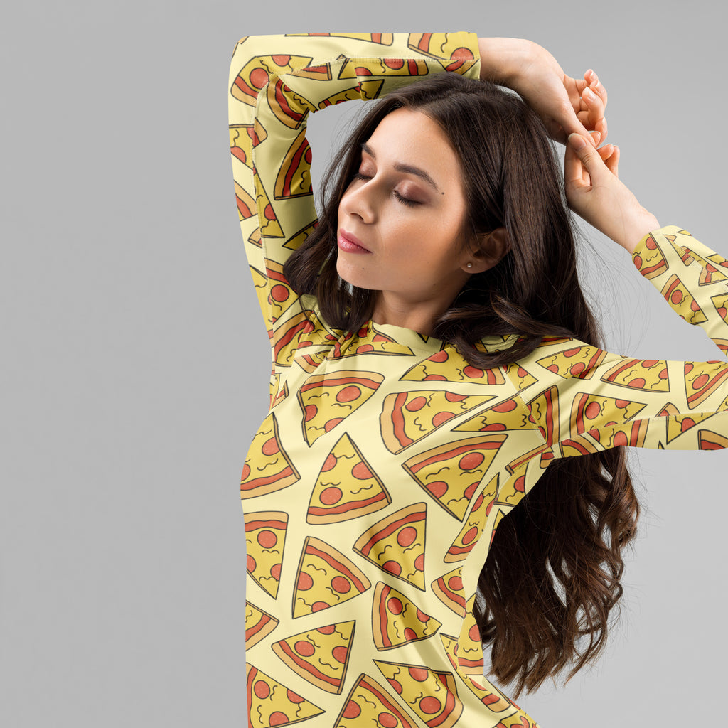 Women's Pepperoni Pizza Long Sleeve Rash Guard Swim Shirt – Buttery Soft, Sun Safe UPF 50+ Protection, Quick Dry & 4-Way Stretch Comfort