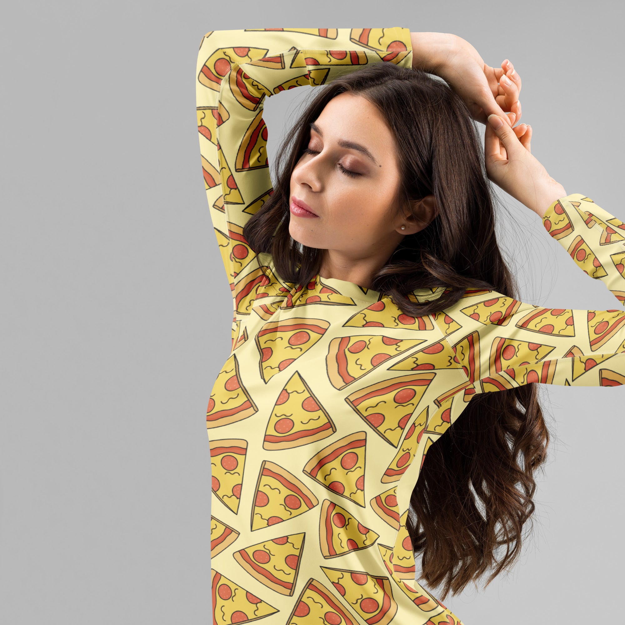 Women's Pepperoni Pizza Long Sleeve Rash Guard Swim Shirt – Buttery Soft, Sun Safe UPF 50+ Protection, Quick Dry & 4-Way Stretch Comfort