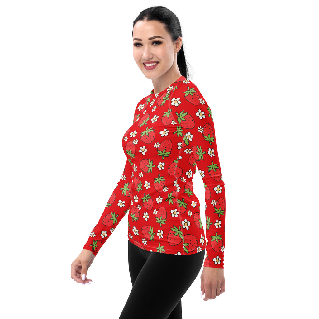 Women's Red Strawberry Long Sleeve Rash Guard Swim Shirt – Buttery Soft, Sun Safe UPF 50+ Protection, Quick Dry & 4-Way Stretch Comfort