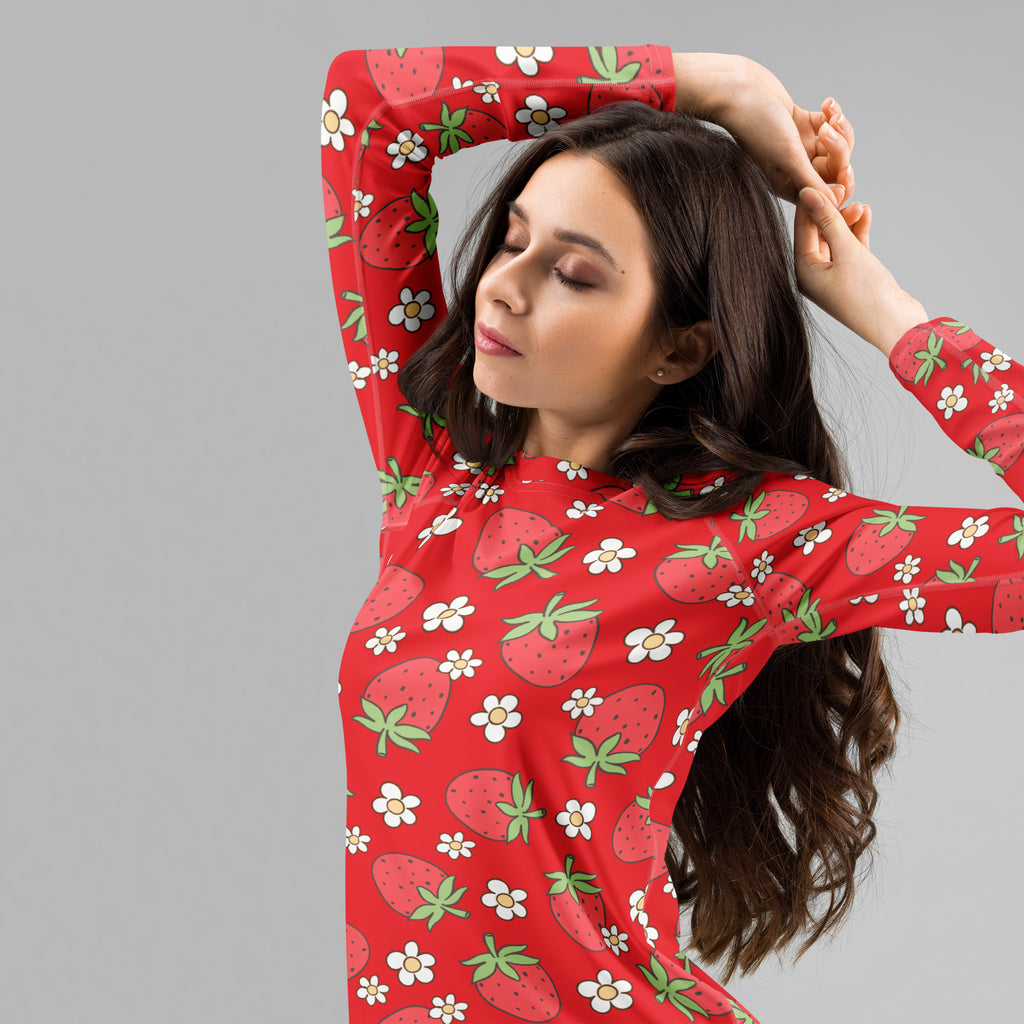 Women's Red Strawberry Long Sleeve Rash Guard Swim Shirt – Buttery Soft, Sun Safe UPF 50+ Protection, Quick Dry & 4-Way Stretch Comfort