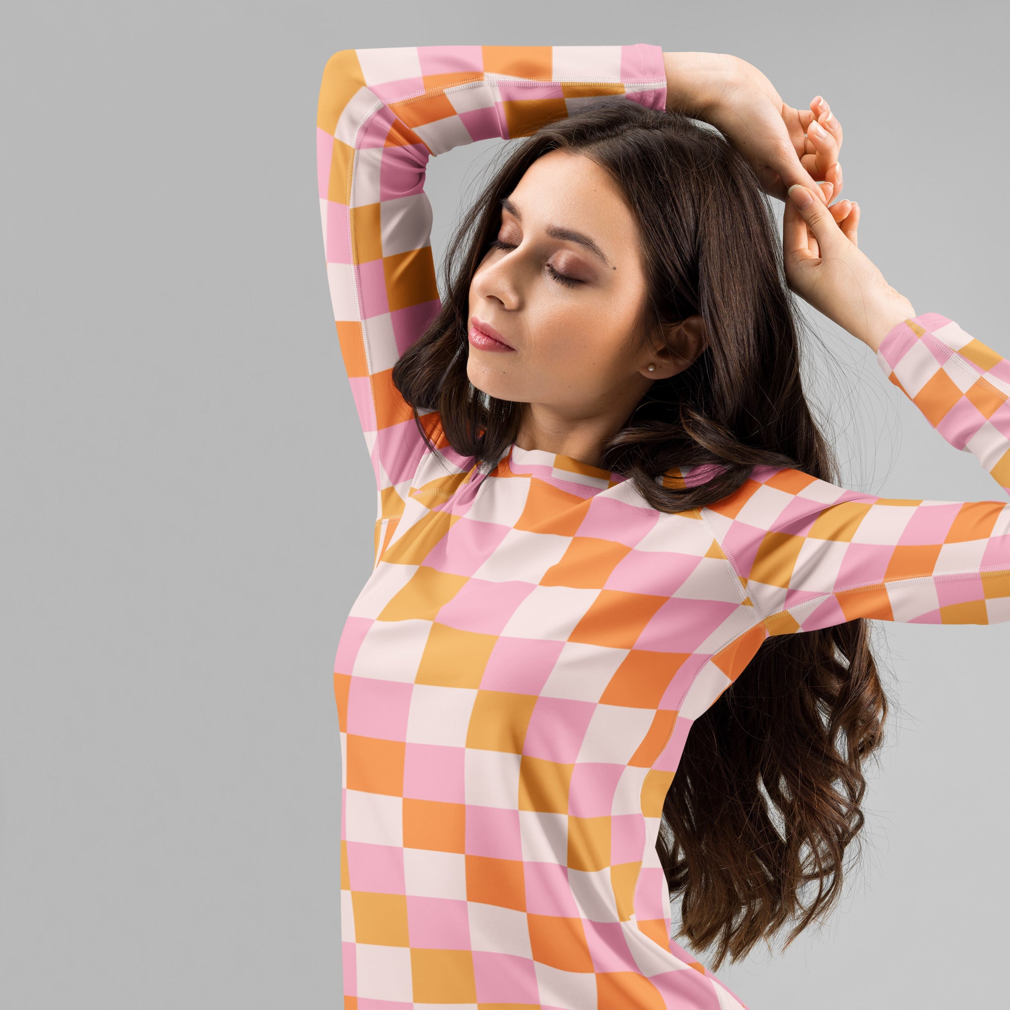 Women's Sunset Checkerboard Long Sleeve Rash Guard Swim Shirt – Buttery Soft, Sun Safe UPF 50+ Protection, Quick Dry & 4-Way Stretch Comfort