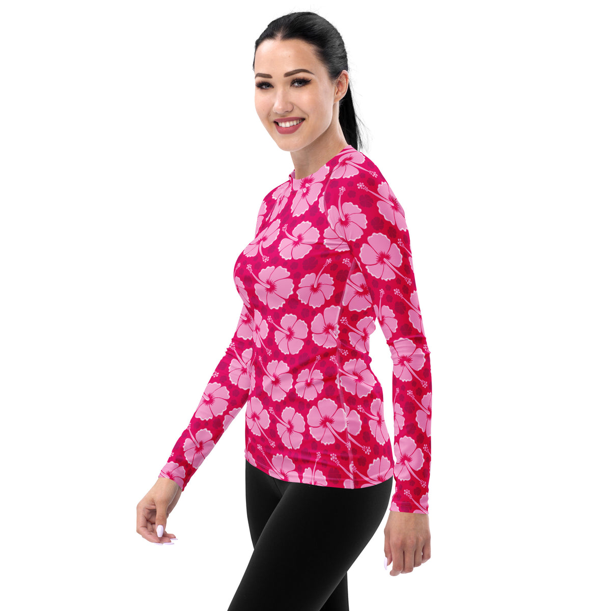 Women's Tropical Pink Hibiscus Long Sleeve Rash Guard Swim Shirt – Buttery Soft, Sun Safe UPF 50+ Protection, Quick Dry & 4-Way Stretch Comfort