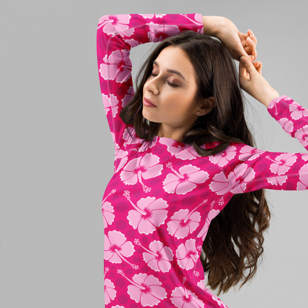 Women's Tropical Pink Hibiscus Long Sleeve Rash Guard Swim Shirt – Buttery Soft, Sun Safe UPF 50+ Protection, Quick Dry & 4-Way Stretch Comfort
