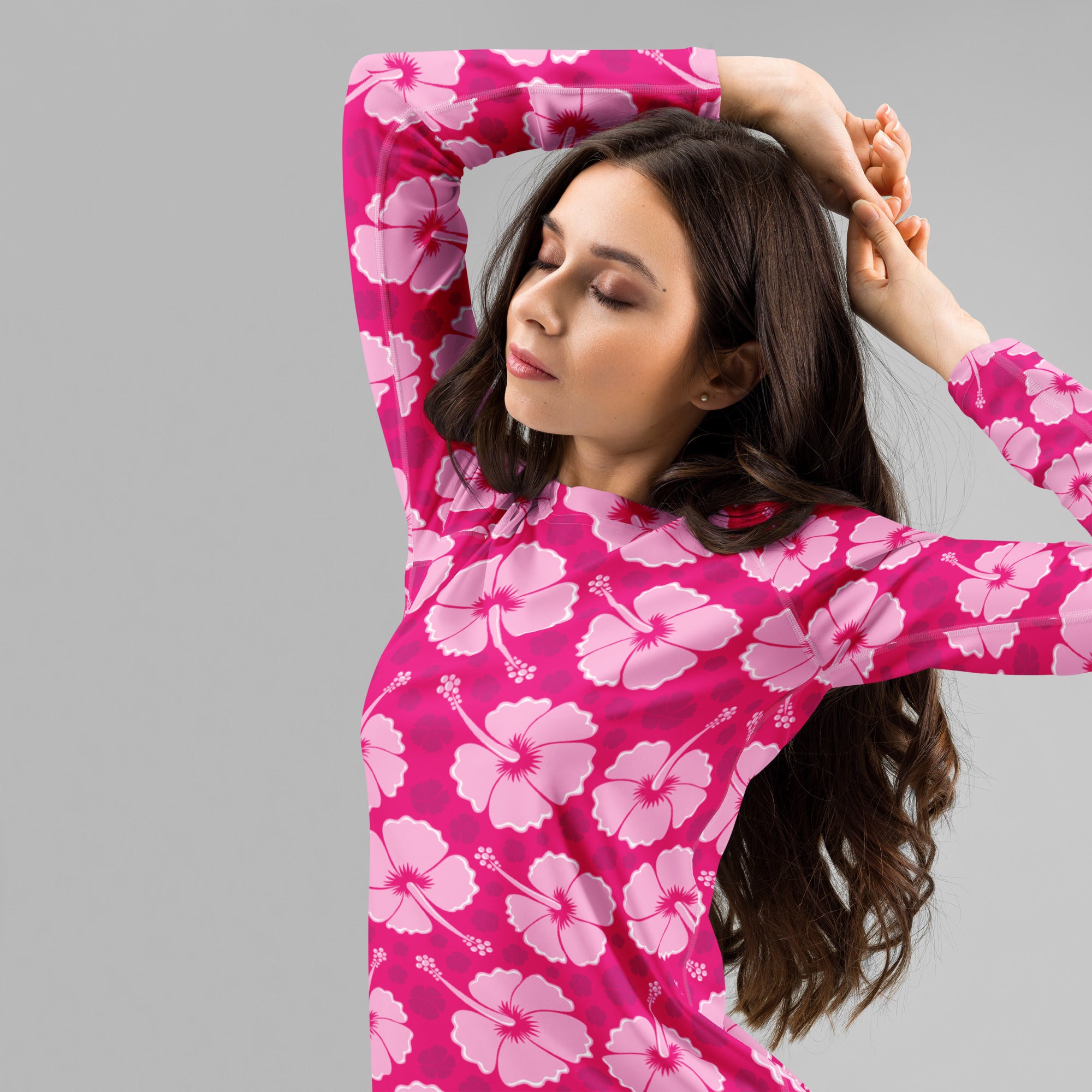 Women's Tropical Pink Hibiscus Long Sleeve Rash Guard Swim Shirt – Buttery Soft, Sun Safe UPF 50+ Protection, Quick Dry & 4-Way Stretch Comfort