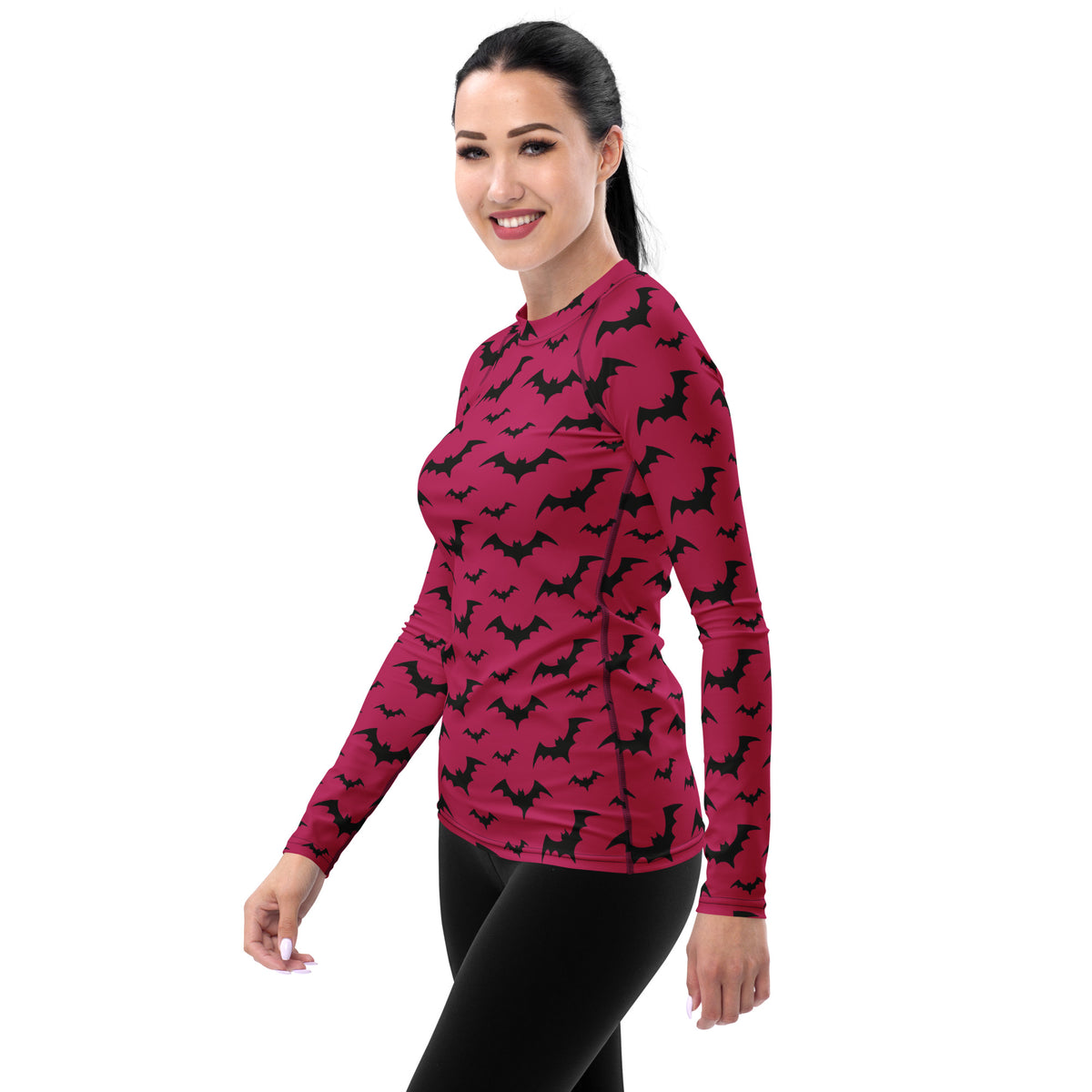 Women's Pink Bat Halloween Long Sleeve Rash Guard Swim Shirt – Buttery Soft, Sun Safe UPF 50+ Protection, Quick Dry & 4-Way Stretch Comfort