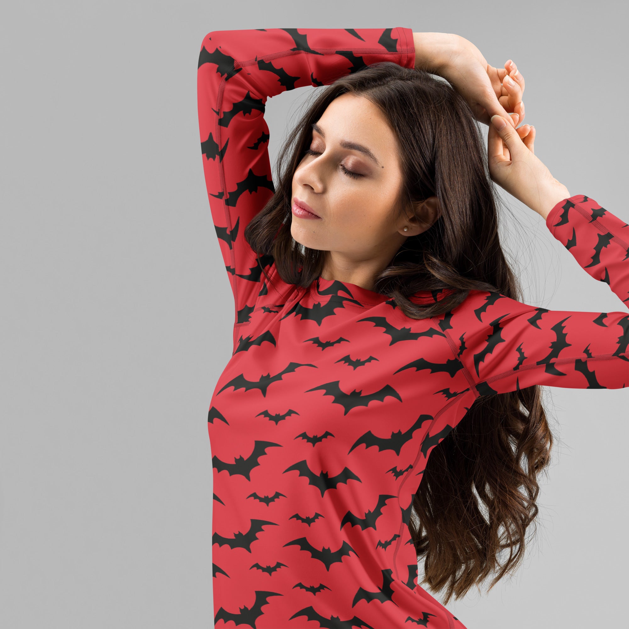 Women's Red Bat Halloween Long Sleeve Rash Guard Swim Shirt – Buttery Soft, Sun Safe UPF 50+ Protection, Quick Dry & 4-Way Stretch Comfort