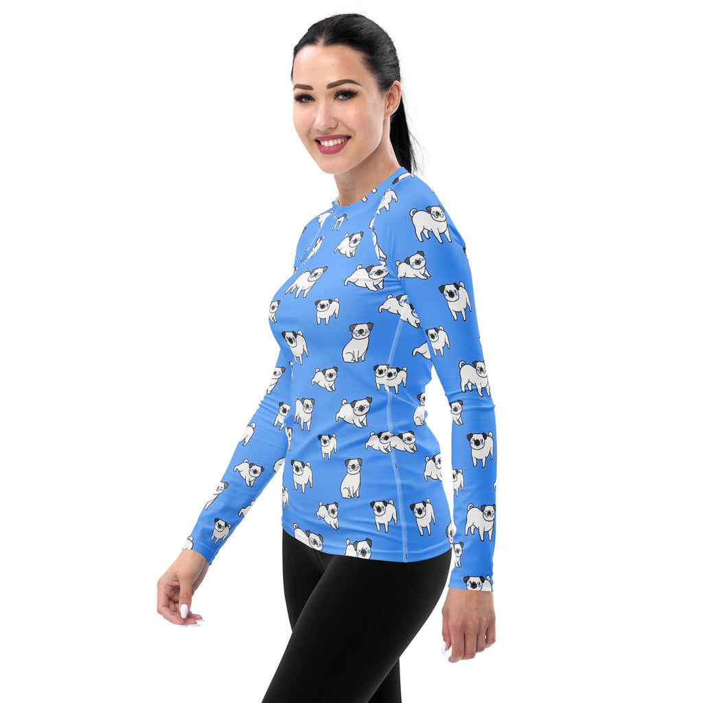 Women's Blue Pug Long Sleeve Rash Guard Swim Shirt – Buttery Soft, Sun Safe UPF 50+ Protection, Quick Dry & 4-Way Stretch Comfort