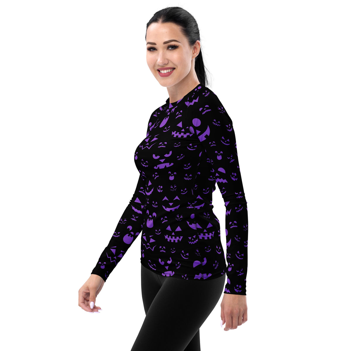 Women's Purple Jack O’ Lantern Long Sleeve Rash Guard Swim Shirt – Buttery Soft, Sun Safe UPF 50+ Protection, Quick Dry & 4-Way Stretch Comfort
