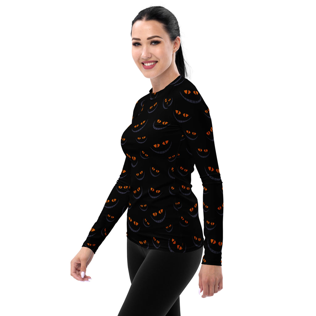 Women's Spooky Cat Smile Long Sleeve Rash Guard Swim Shirt – Buttery Soft, Sun Safe UPF 50+ Protection, Quick Dry & 4-Way Stretch Comfort