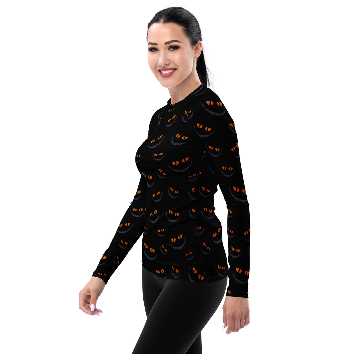 Women's Spooky Cat Smile Long Sleeve Rash Guard Swim Shirt – Buttery Soft, Sun Safe UPF 50+ Protection, Quick Dry & 4-Way Stretch Comfort