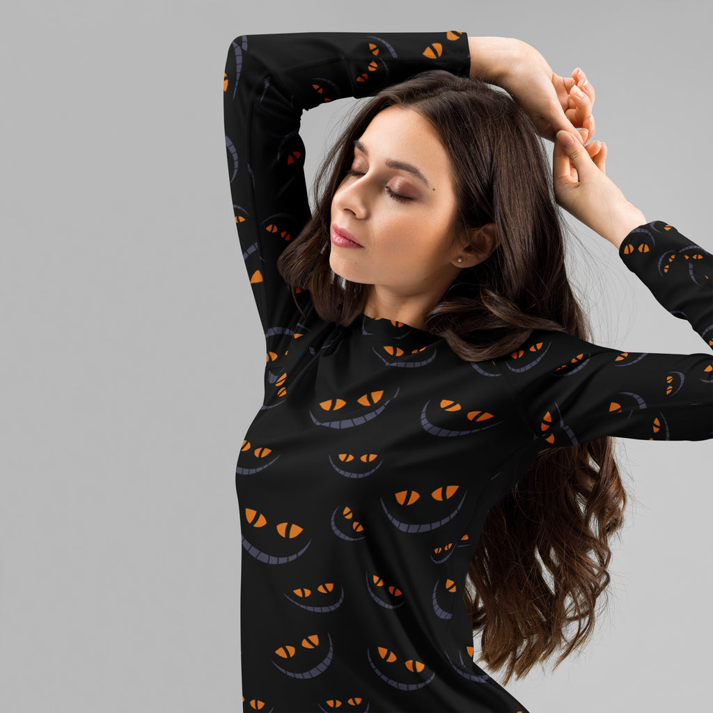 Women's Spooky Cat Smile Long Sleeve Rash Guard Swim Shirt – Buttery Soft, Sun Safe UPF 50+ Protection, Quick Dry & 4-Way Stretch Comfort