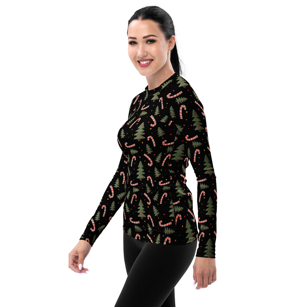 Women's Candy Cane Christmas Tree Long Sleeve Rash Guard Swim Shirt – Buttery Soft, Sun Safe UPF 50+ Protection, Quick Dry & 4-Way Stretch Comfort