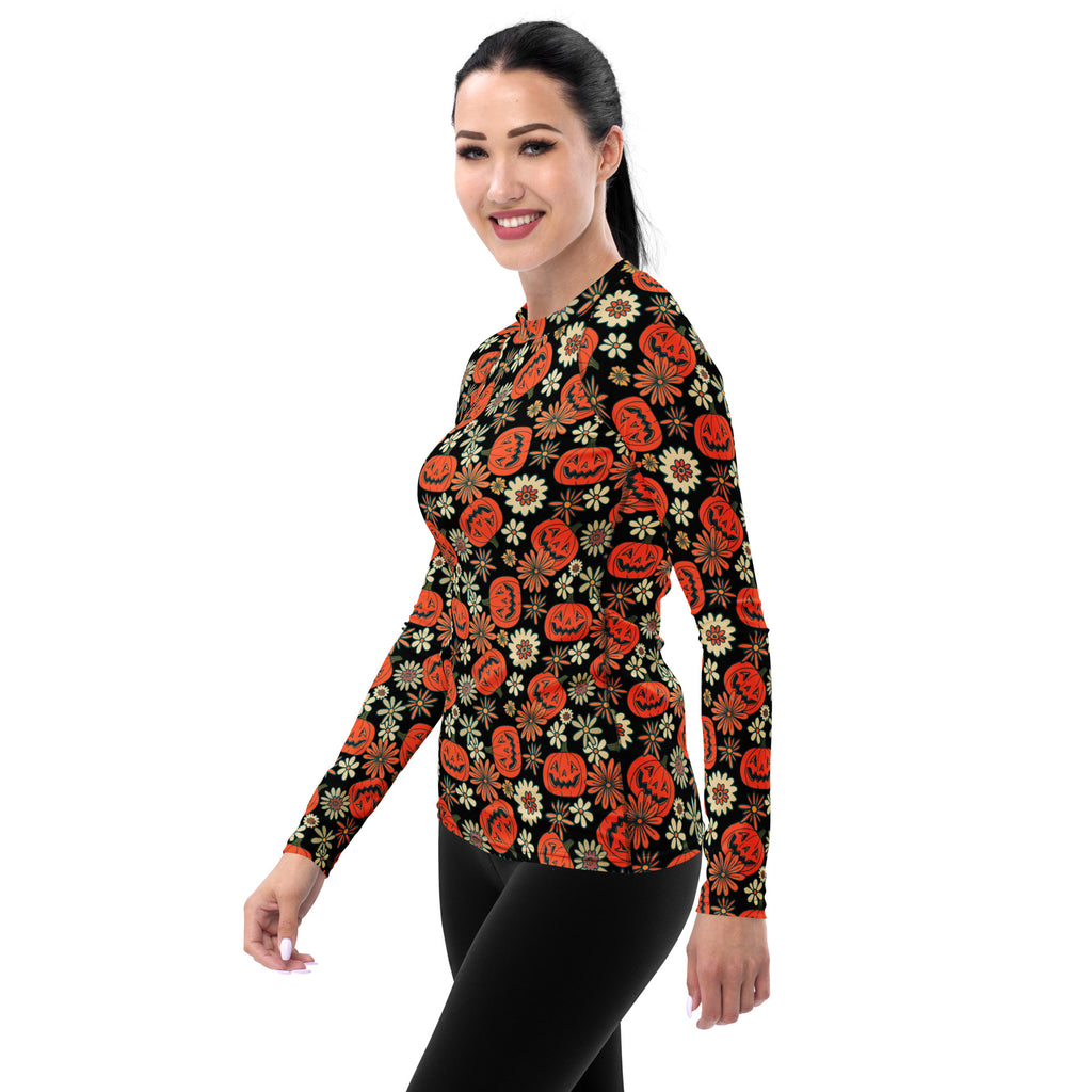 Women's Vintage Halloween Pumpkin Long Sleeve Rash Guard Swim Shirt – Buttery Soft, Sun Safe UPF 50+ Protection, Quick Dry & 4-Way Stretch Comfort