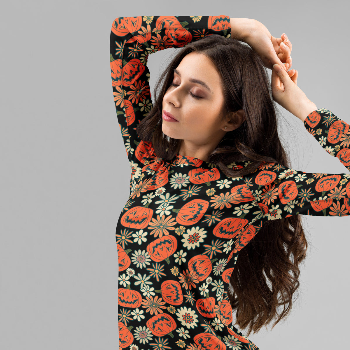 Women's Vintage Halloween Pumpkin Long Sleeve Rash Guard Swim Shirt – Buttery Soft, Sun Safe UPF 50+ Protection, Quick Dry & 4-Way Stretch Comfort