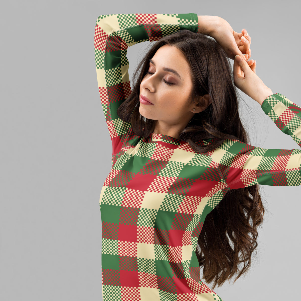 Women's Christmas Plaid Long Sleeve Rash Guard Swim Shirt – Buttery Soft, Sun Safe UPF 50+ Protection, Quick Dry & 4-Way Stretch Comfort