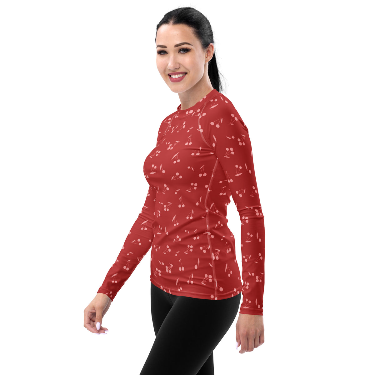 Women's Red Cherry Long Sleeve Rash Guard Swim Shirt – Buttery Soft, Sun Safe UPF 50+ Protection, Quick Dry & 4-Way Stretch Comfort