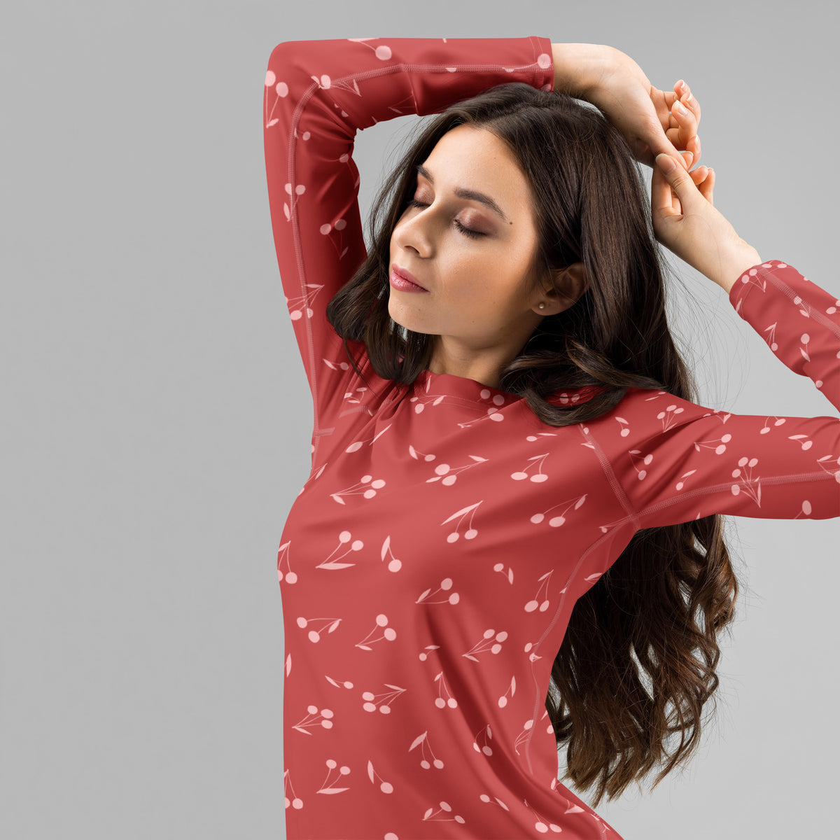 Women's Red Cherry Long Sleeve Rash Guard Swim Shirt – Buttery Soft, Sun Safe UPF 50+ Protection, Quick Dry & 4-Way Stretch Comfort